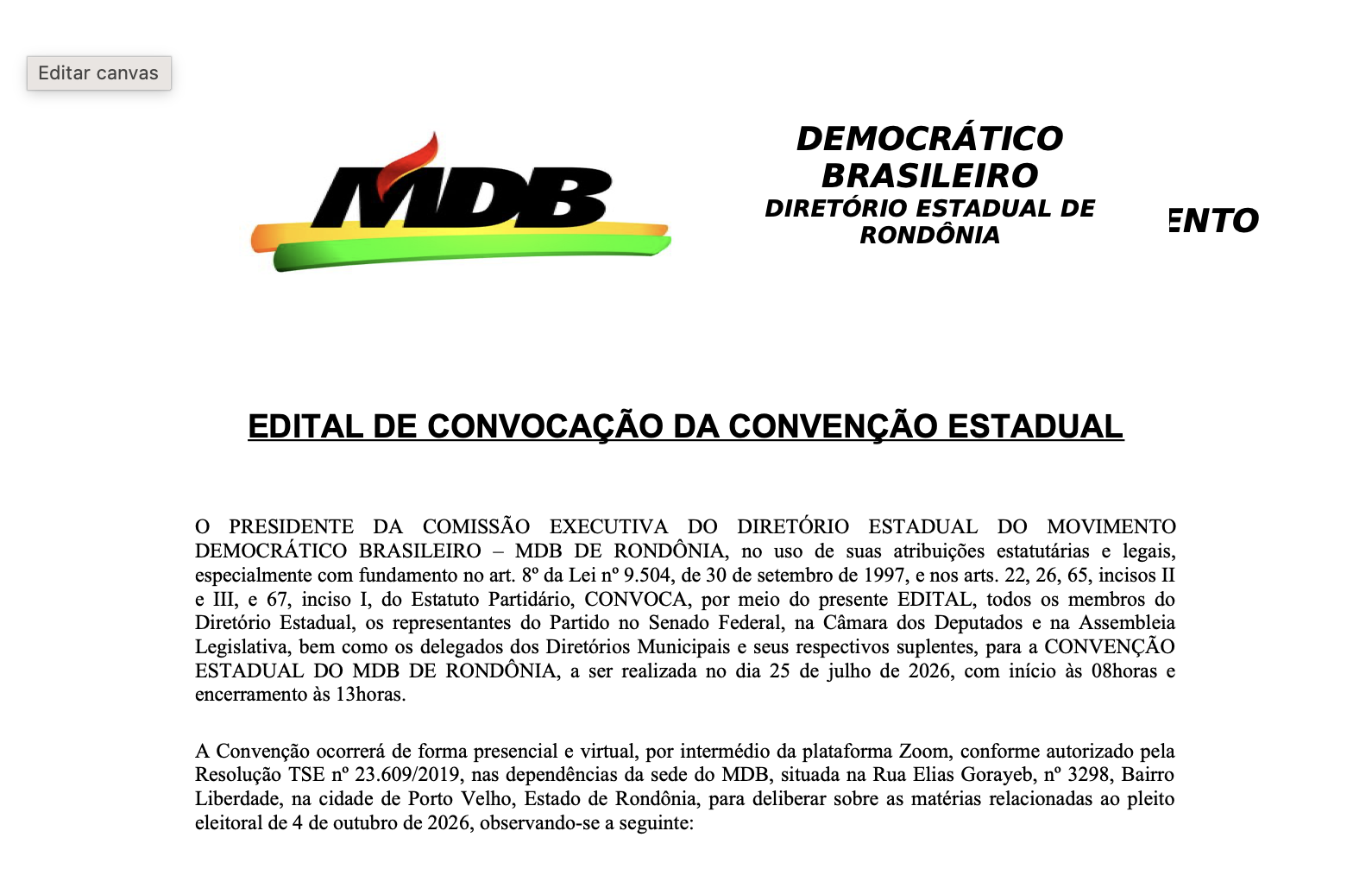 MDB convoca convenção estadual e abre fase decisiva das eleições de 2026 em Rondônia