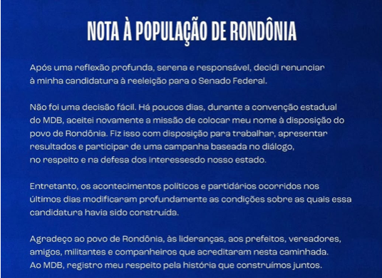 Senador Confúcio Moura renuncia à candidatura ao Senado e reafirma compromisso com Rondônia até o fim do mandato